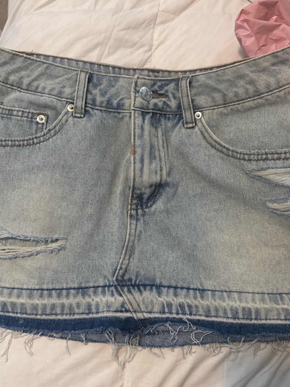 Edikted Light Blue Distressed Denim Mini Skirt Shorts
